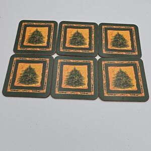 Vtg Pimpernel Green Coaster Cork Backed Set Of 6 Christmas Tree Signed K.White